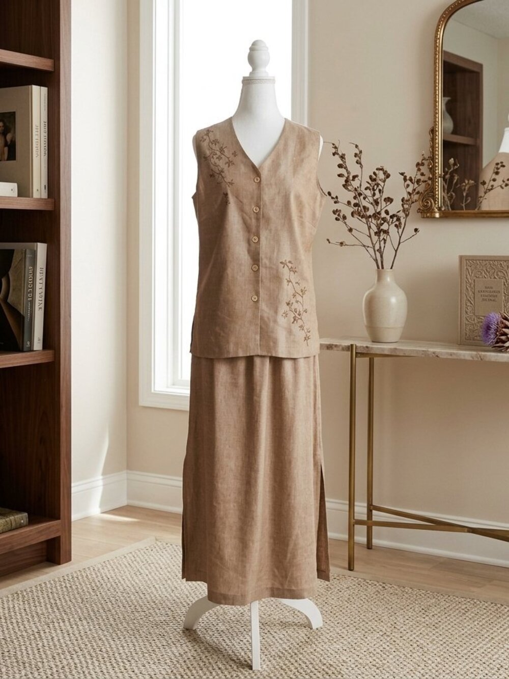 Hillard & Hanson Linen Blend 2-Piece Vest & Maxi Skirt Set Size 10 Embroidered